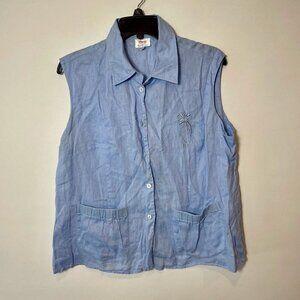 Cherie Linen Button Up Blouse Womens Size 50 Blue Sleeveless Embroidered Vintage